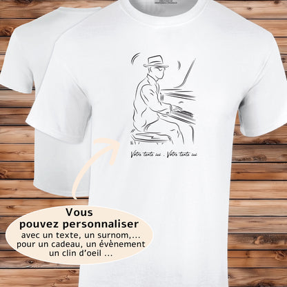 Musicien Pianiste jazz , graphisme sur T-shirt blanc Homme à personnaliser avec du texte. Création Virginie Linard ©.