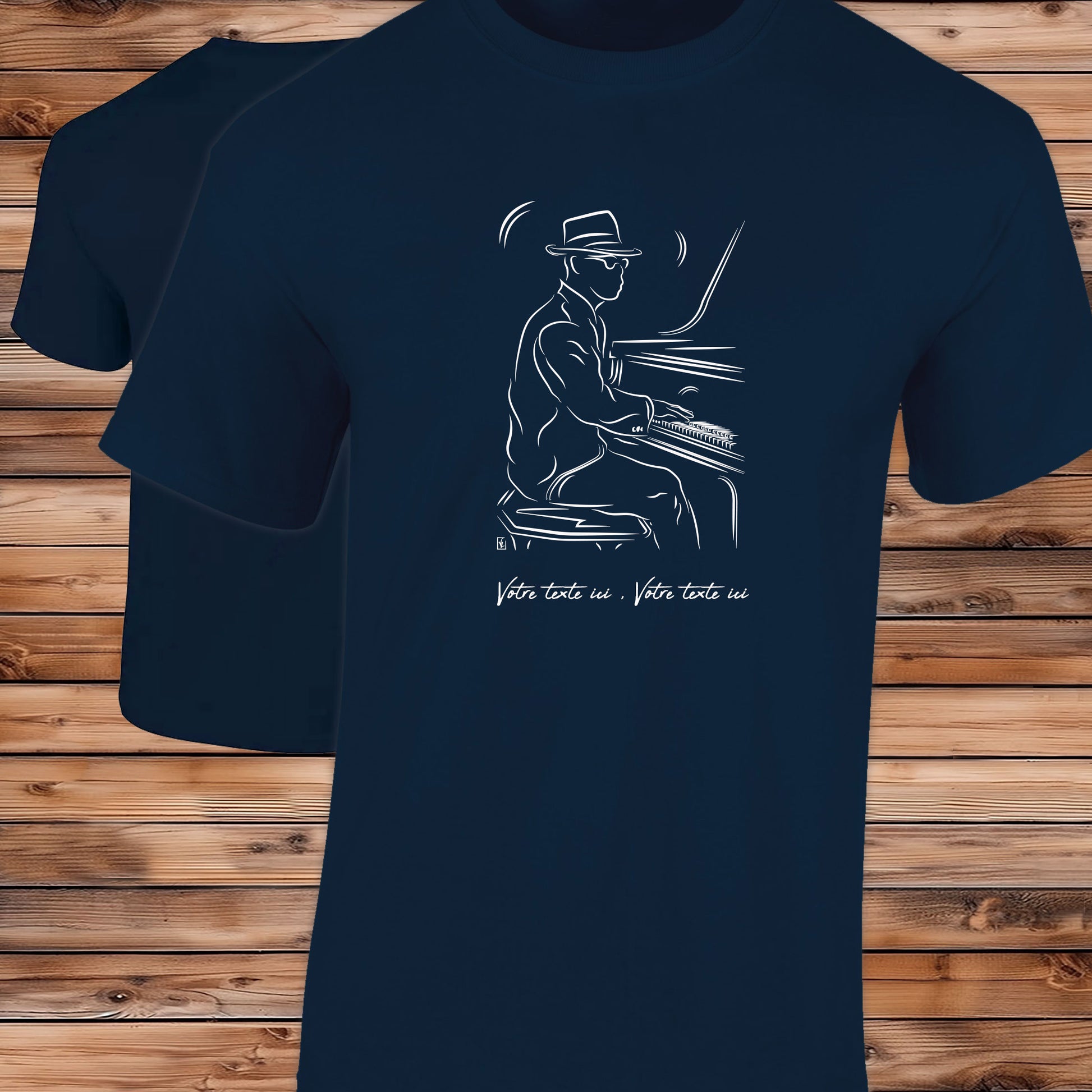 Musicien Pianiste jazz , graphisme sur T-shirt bleu Homme à personnaliser avec du texte. Création Virginie Linard ©.
