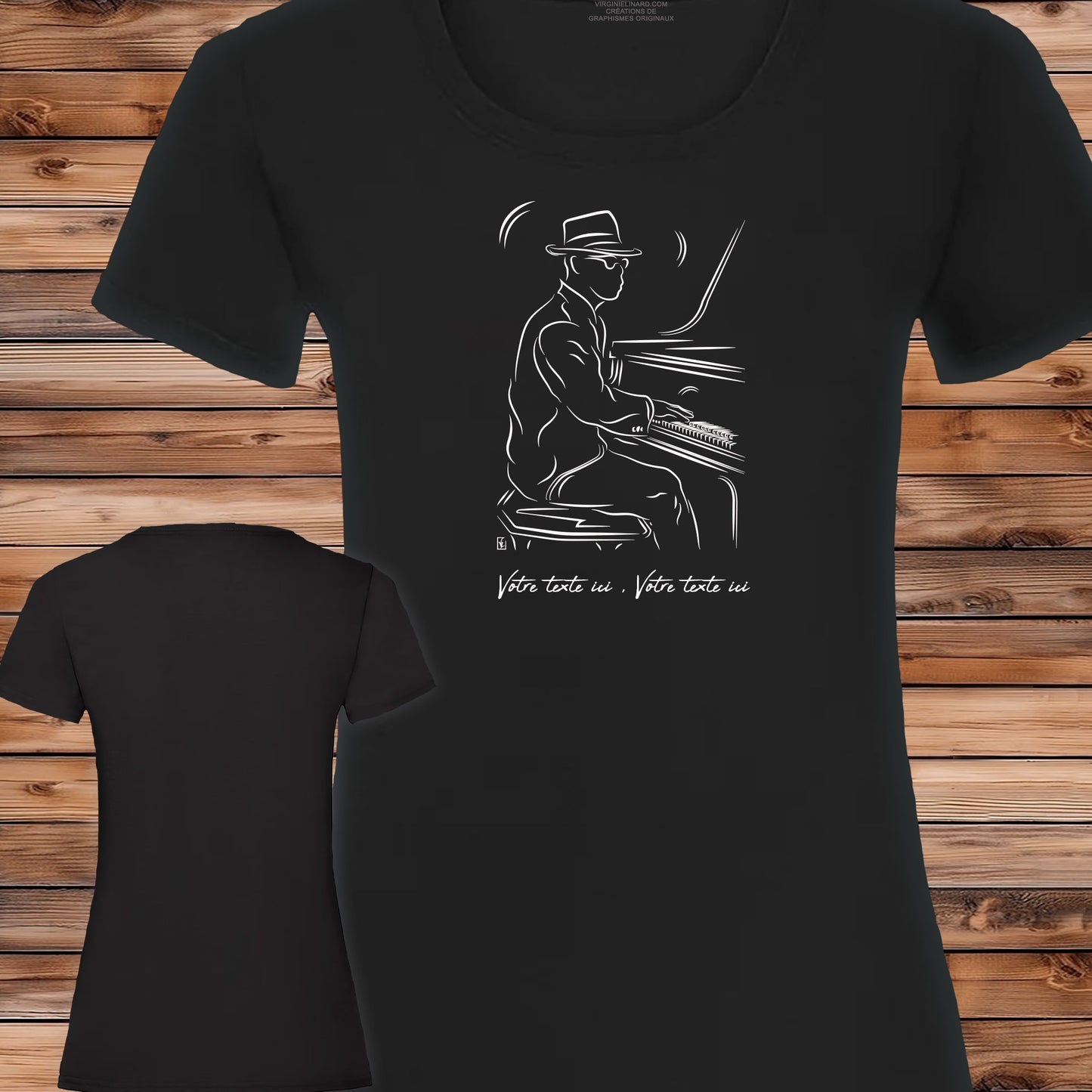 Musicien Pianiste jazz , graphisme sur T-shirt noir femme à personnaliser avec du texte. Création Virginie Linard ©.