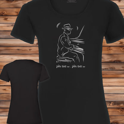 Musicien Pianiste jazz , graphisme sur T-shirt noir femme à personnaliser avec du texte. Création Virginie Linard ©.