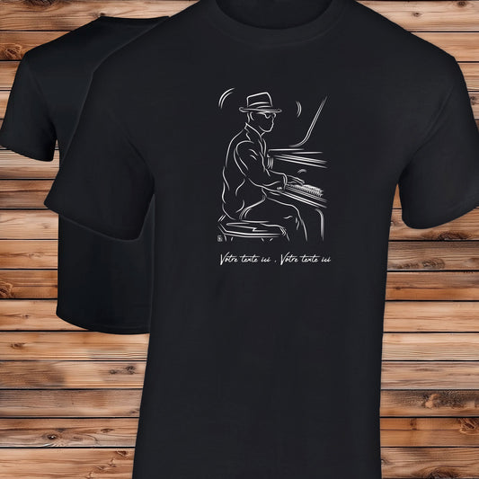 Musicien Pianiste jazz , graphisme sur T-shirt noir Homme à personnaliser avec du texte. Création Virginie Linard ©.
