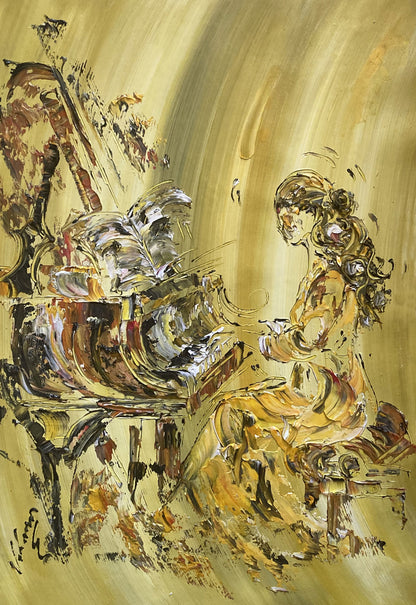 Tableau Pianiste classique femme, piano musique, musicienne. Peinture sur toile format 55x38cm. Création Virginie Linard ©.