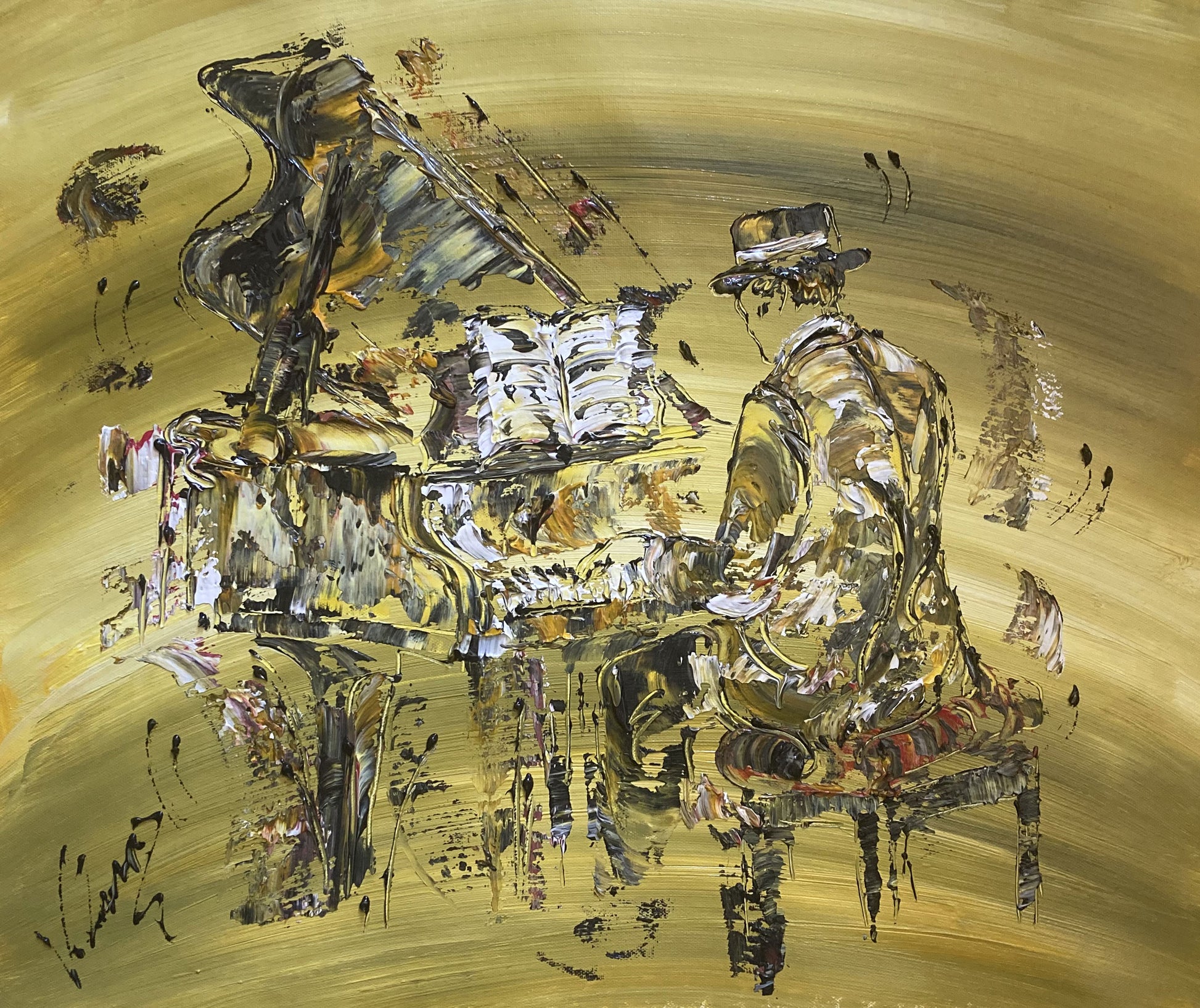 Tableau, pianiste, jazz, Musicien, piano, Musique. Peinture sur toile format 55x46cm. Création Virginie Linard ©.