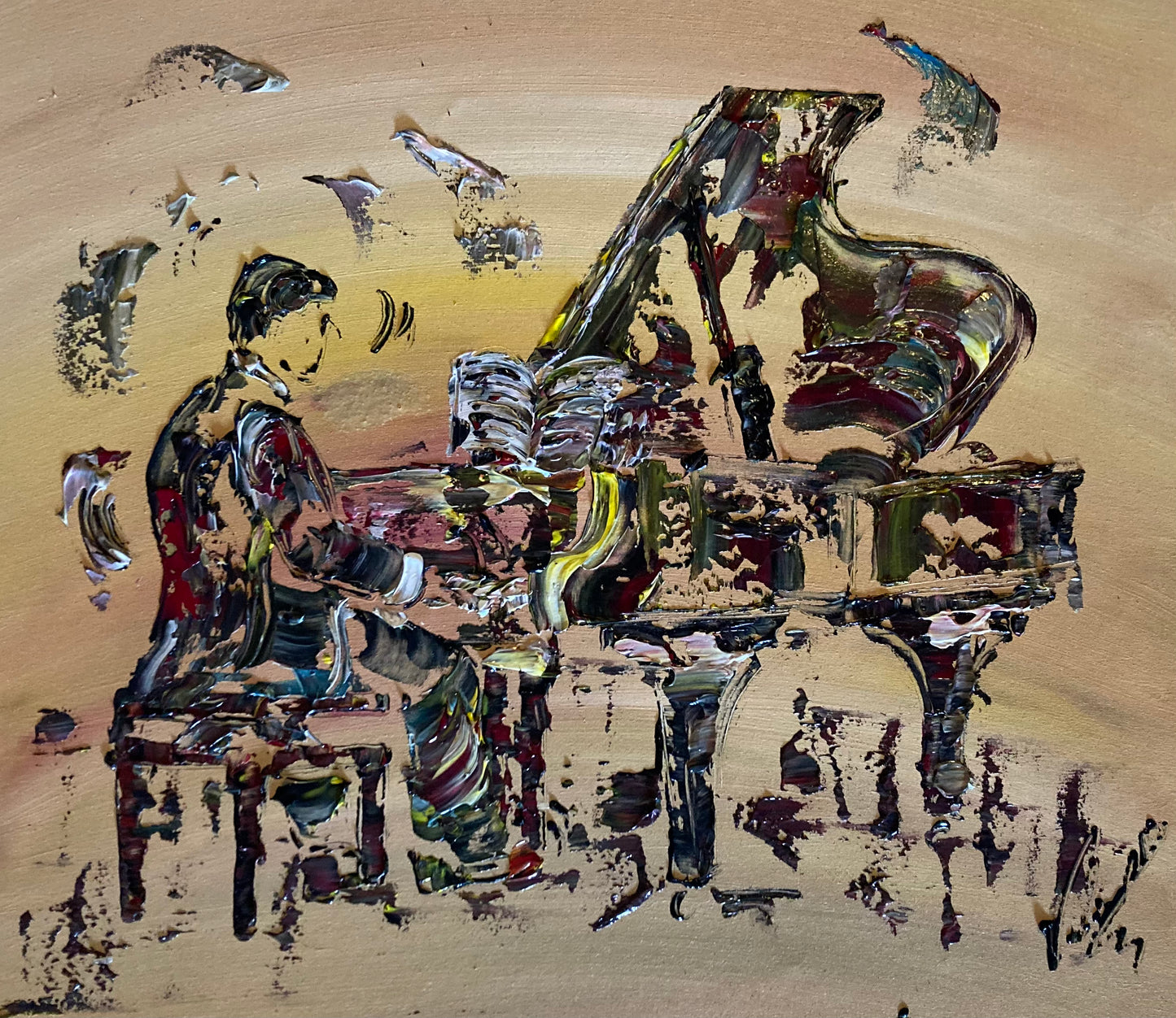 Peinture sur toile d'un musicien jouant du piano, Tableau de 55x46cm, Virginie Linard ©