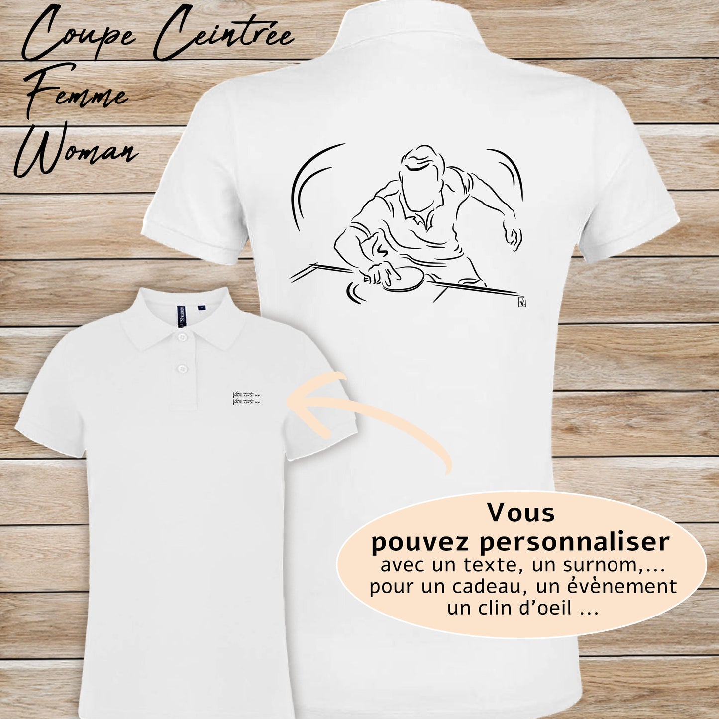 Graphisme ping-pong tennis de table Polo blanc femme. A personnaliser avec un texte. Création Virginie Linard ©.