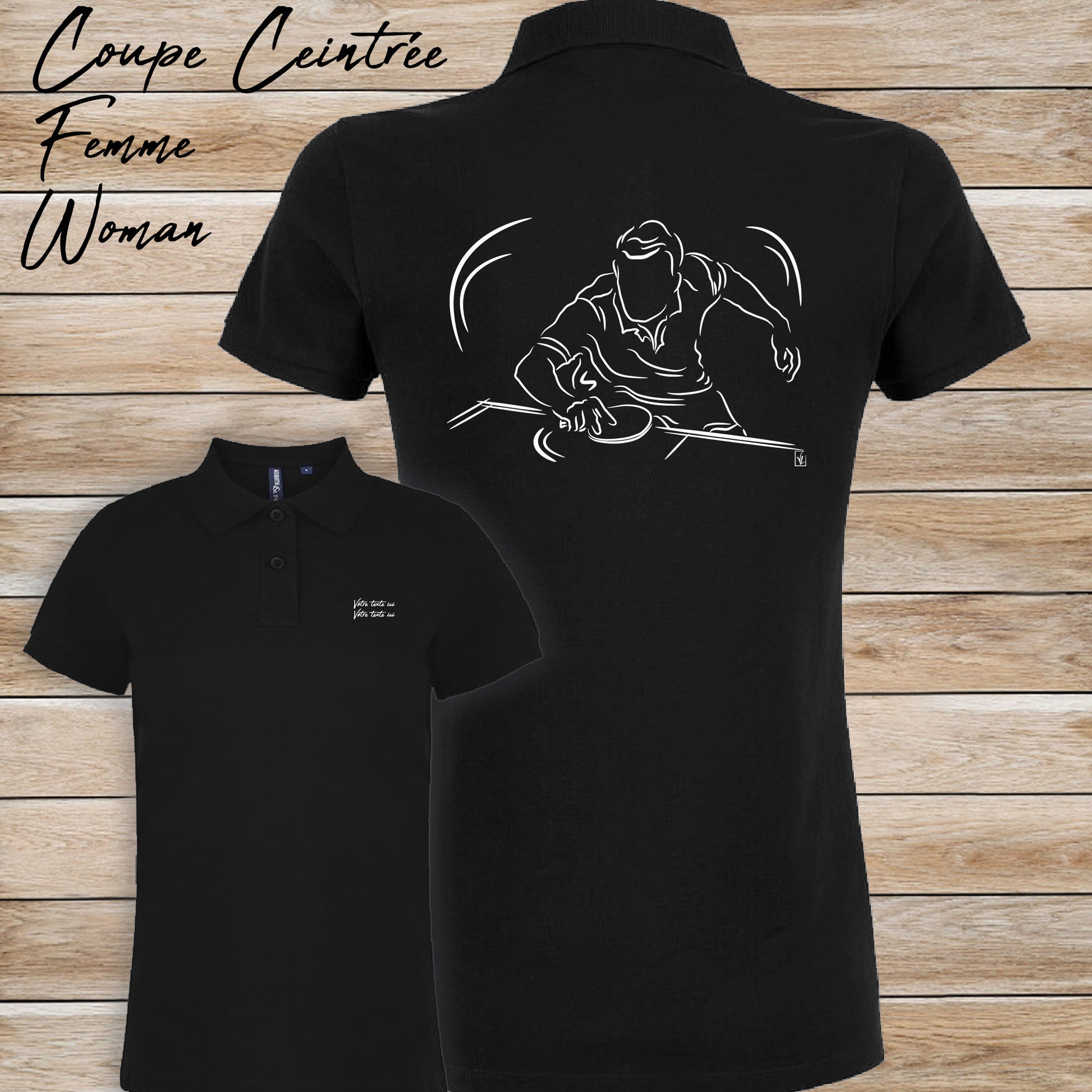 Graphisme ping-pong tennis de table Polo noir femme. A personnaliser avec un texte. Création Virginie Linard ©.