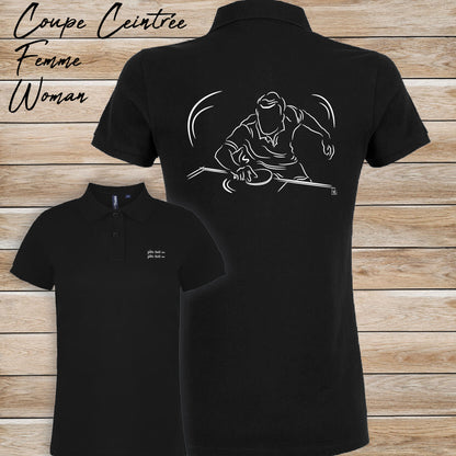 Graphisme ping-pong tennis de table Polo noir femme. A personnaliser avec un texte. Création Virginie Linard ©.