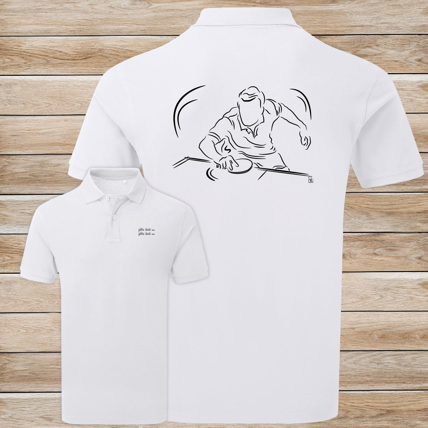 Graphisme ping-pong tennis de table Polo blanc homme. A personnaliser avec un texte. Création Virginie Linard ©.