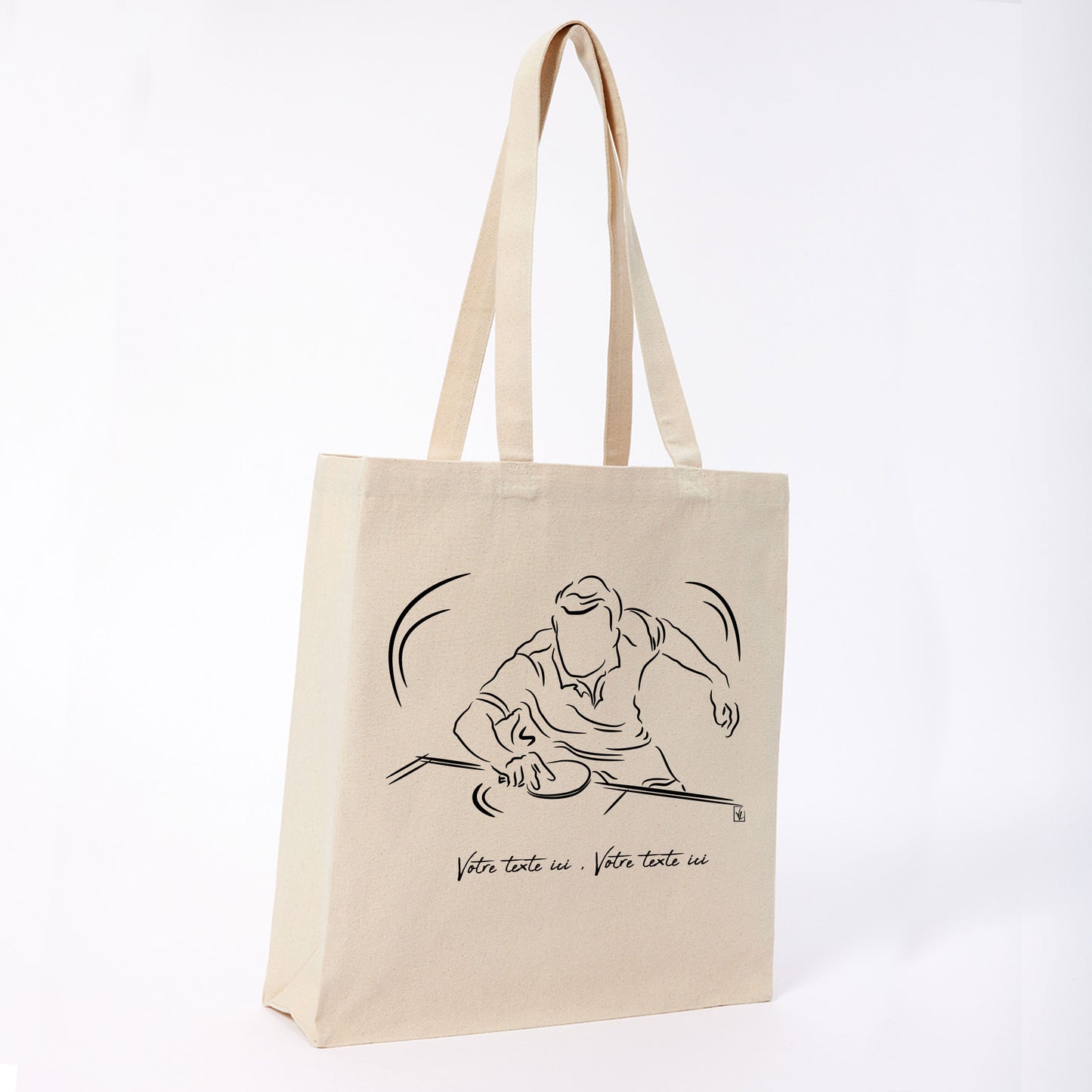 Graphisme ping-pong tennis de table Sac tote bag beige. A personnaliser avec un texte. Création Virginie Linard ©.