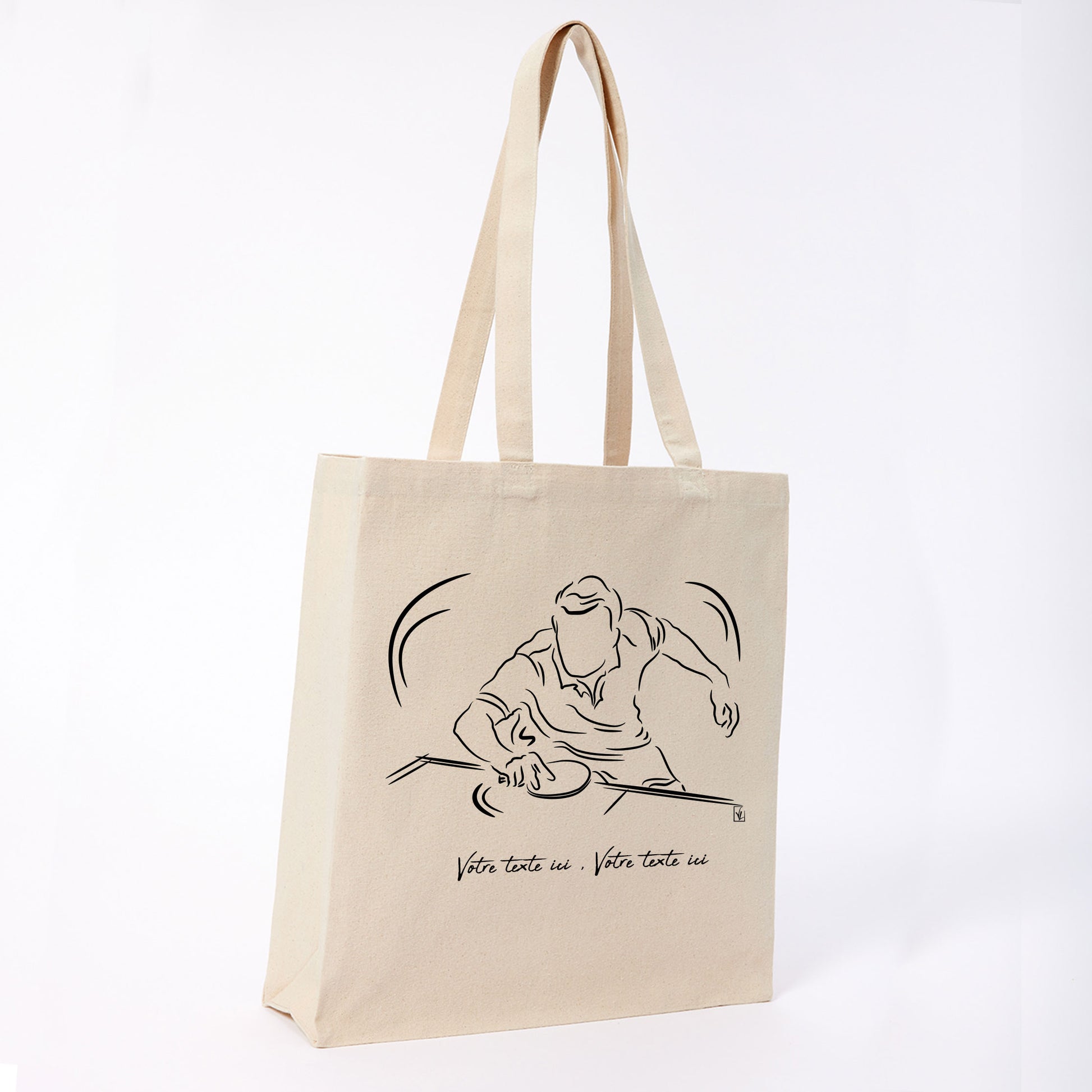 Graphisme ping-pong tennis de table Sac tote bag beige. A personnaliser avec un texte. Création Virginie Linard ©.