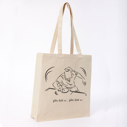 Graphisme ping-pong tennis de table Sac tote bag beige. A personnaliser avec un texte. Création Virginie Linard ©.