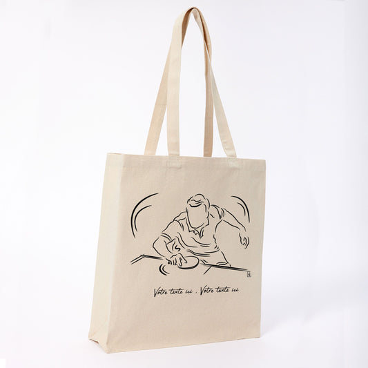 Graphisme ping-pong tennis de table Sac tote bag beige. A personnaliser avec un texte. Création Virginie Linard ©.