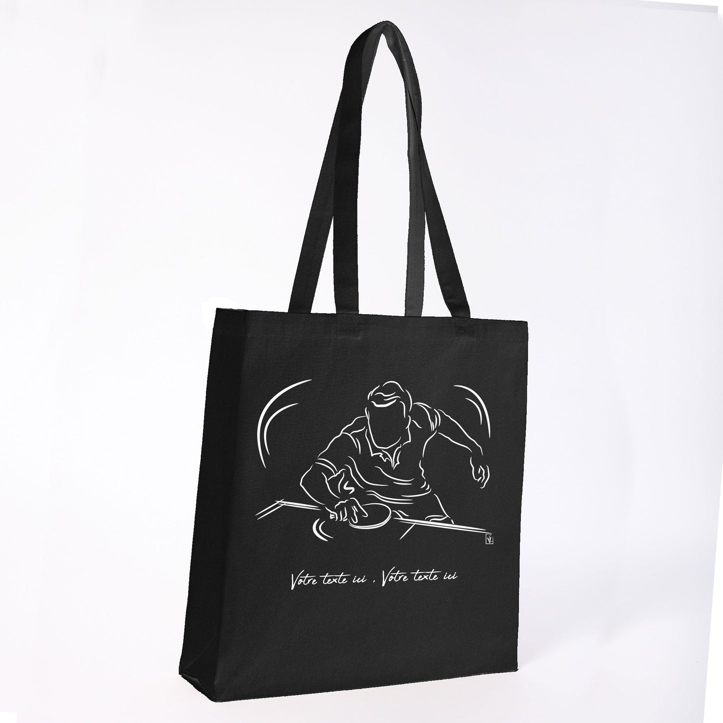 Graphisme ping-pong tennis de table Sac tote bag noir. A personnaliser avec un texte. Création Virginie Linard ©.