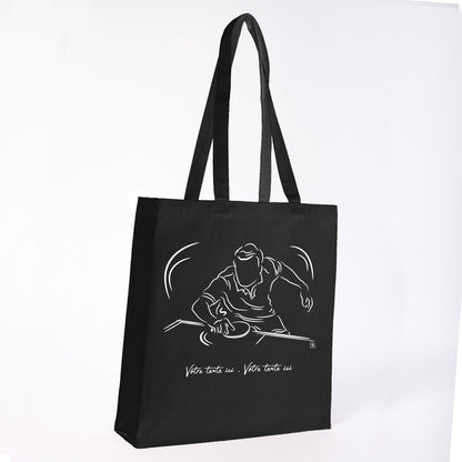 Graphisme ping-pong tennis de table Sac tote bag noir. A personnaliser avec un texte. Création Virginie Linard ©.