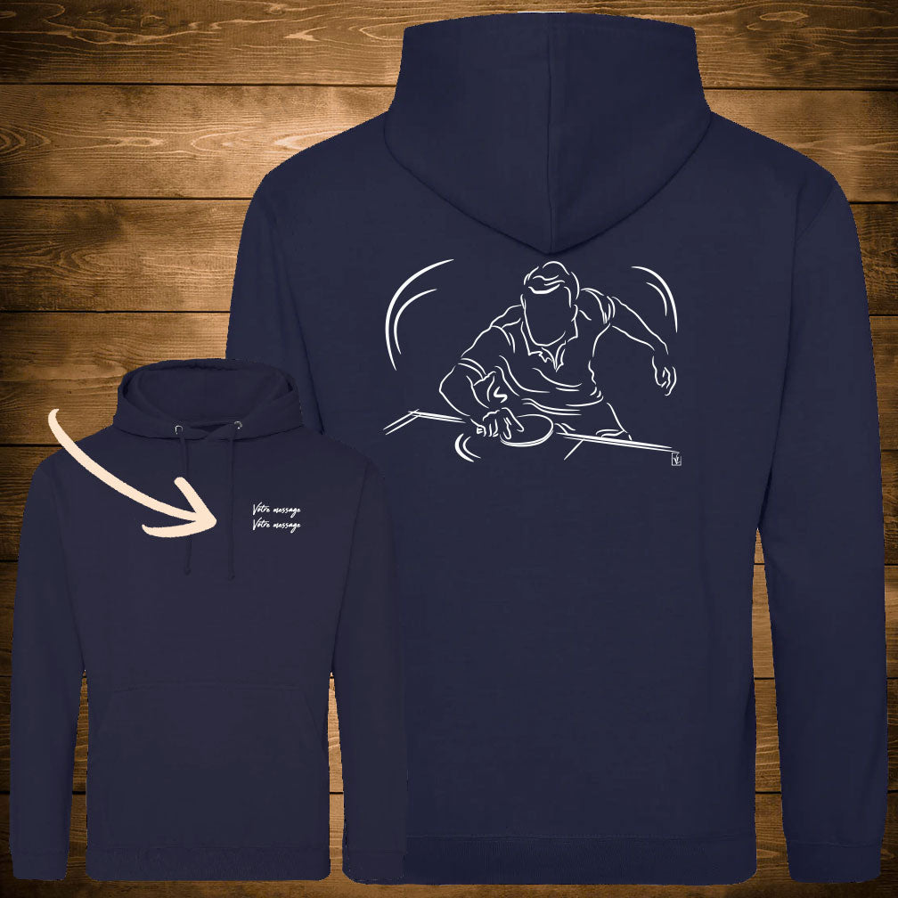 Graphisme ping-pong tennis de table Sweat-shirt bleu unisexe. A personnaliser avec un texte. Création Virginie Linard ©.