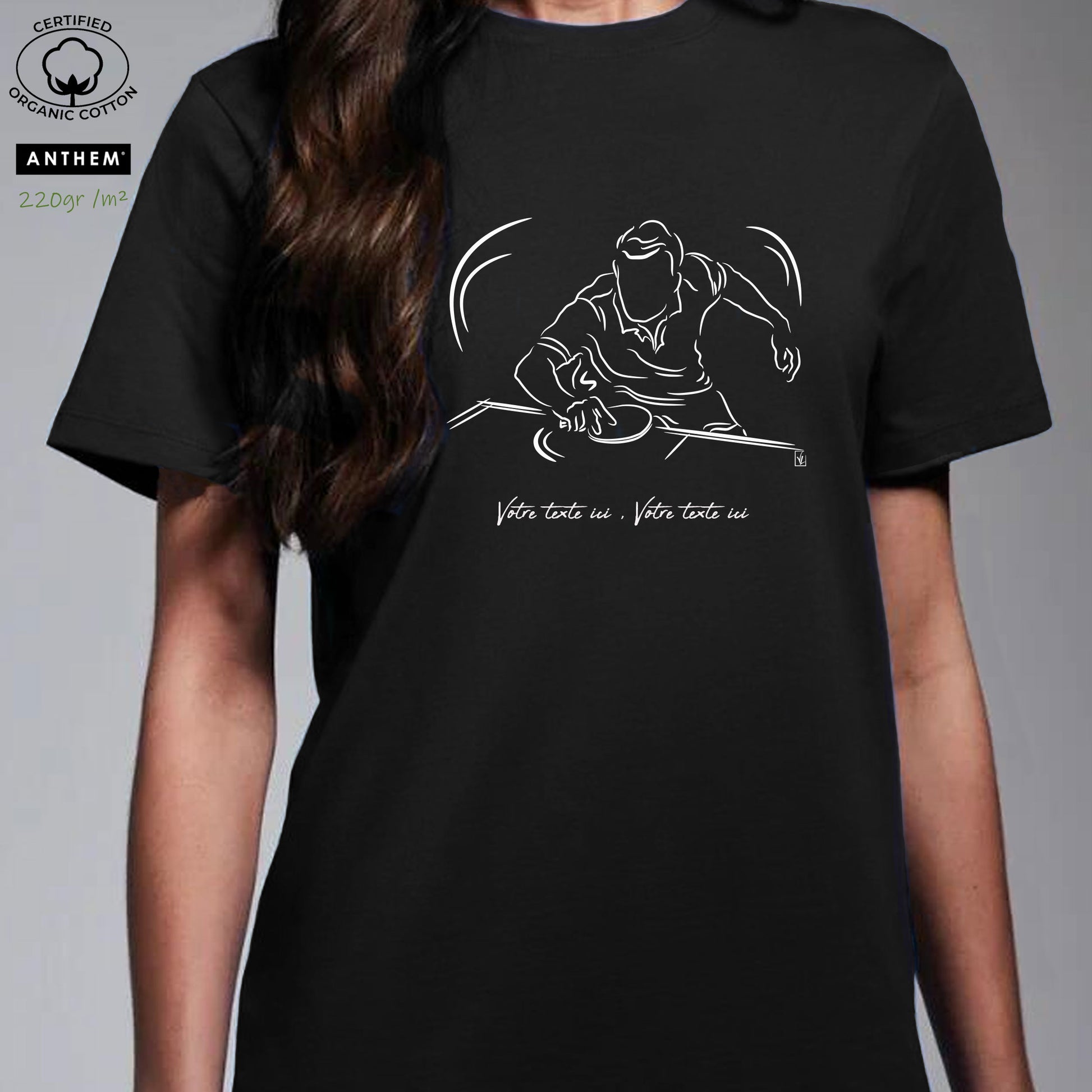 Graphisme ping-pong tennis de table T-shirt 220g bio noir unisexe. A personnaliser avec un texte. Création Virginie Linard ©.