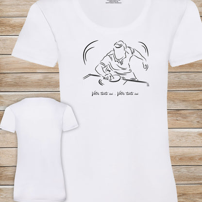 Graphisme ping-pong tennis de table T-shirt blanc femme. A personnaliser avec un texte. Création Virginie Linard ©.