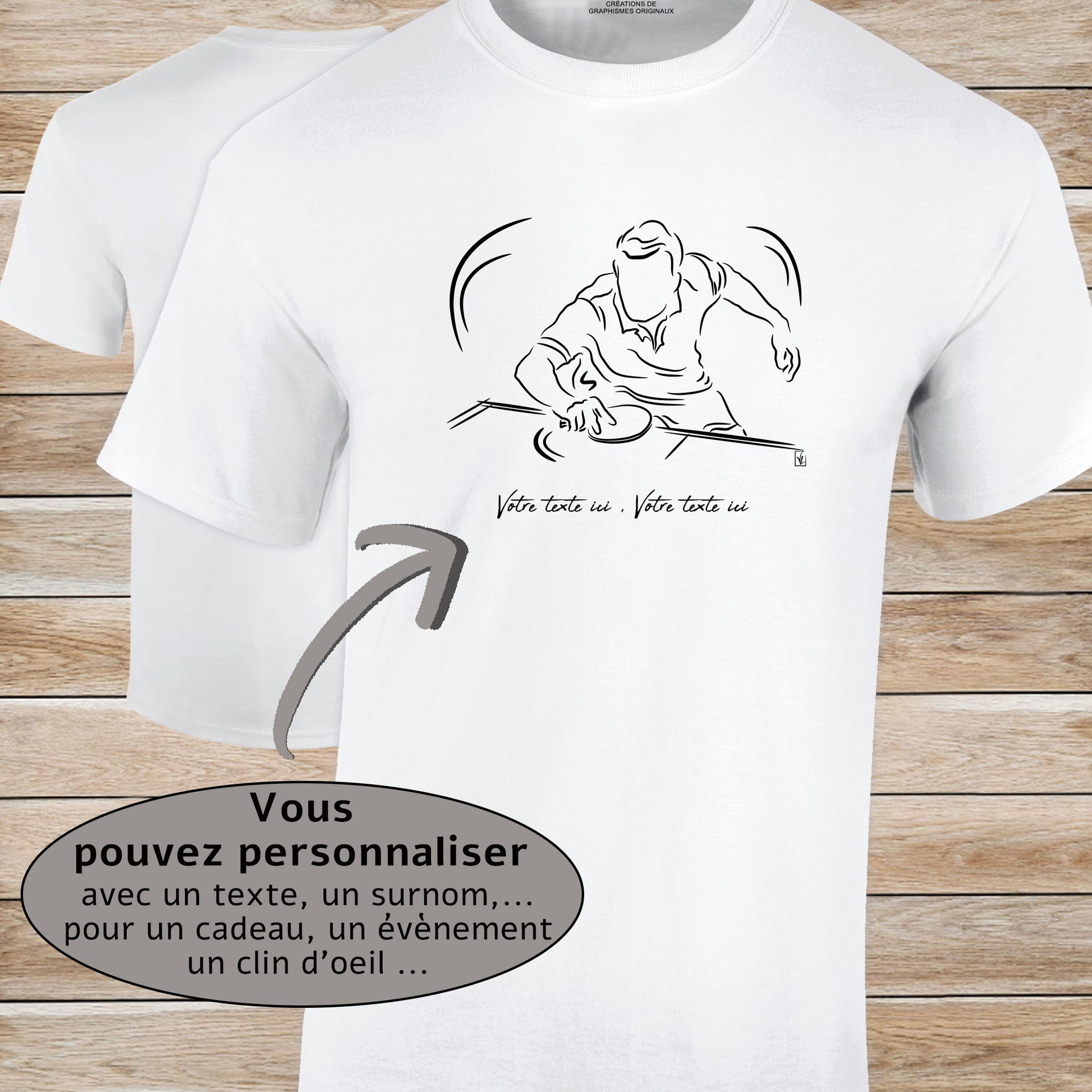 Graphisme ping-pong tennis de table T-shirt blanc homme. A personnaliser avec un texte. Création Virginie Linard ©.