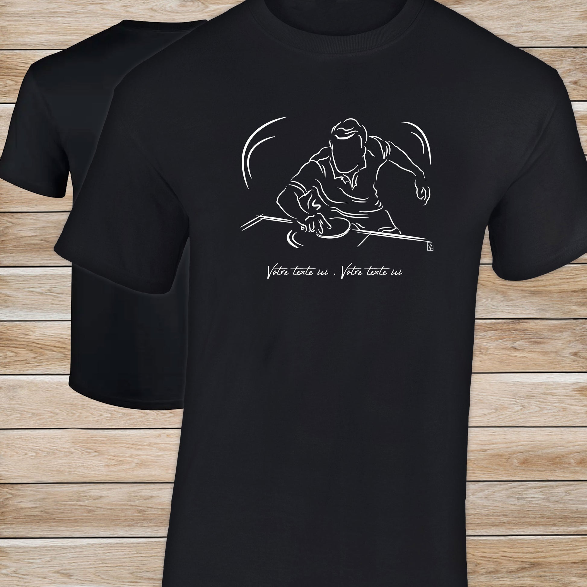 Graphisme ping-pong tennis de table T-shirt noir homme. A personnaliser avec un texte. Création Virginie Linard ©.