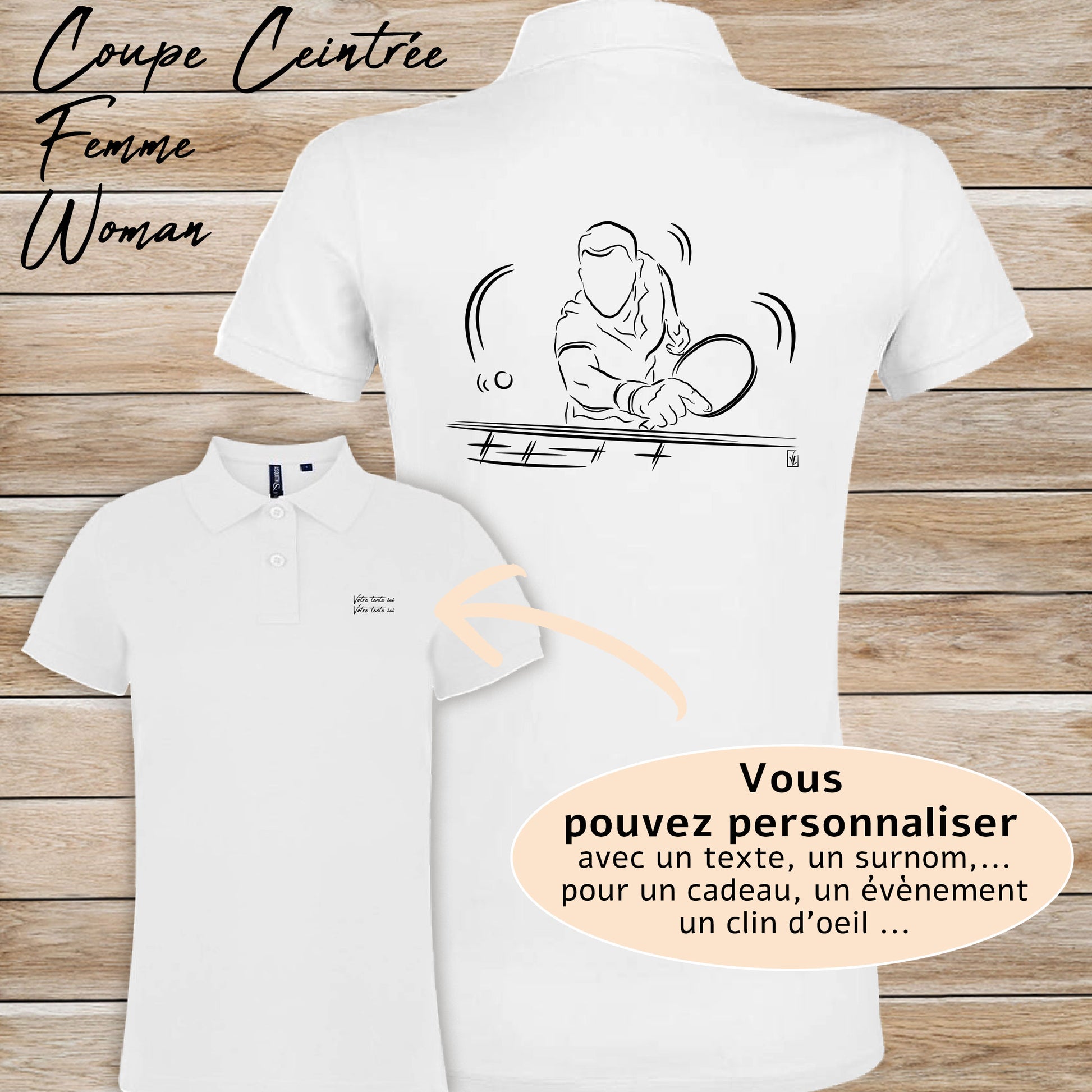Graphisme ping-pong tennis de table Polo blanc femme. A personnaliser avec un texte. Création Virginie Linard ©.