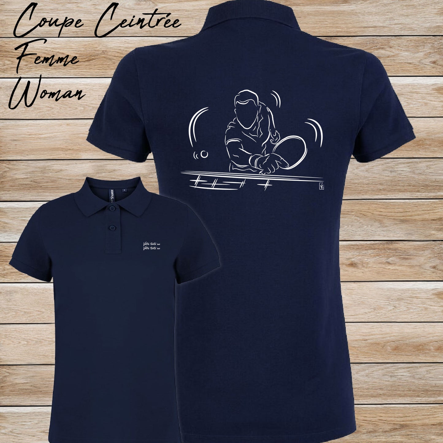 Graphisme ping-pong Polo bleu femme. A personnaliser avec un texte. Création Virginie Linard ©.