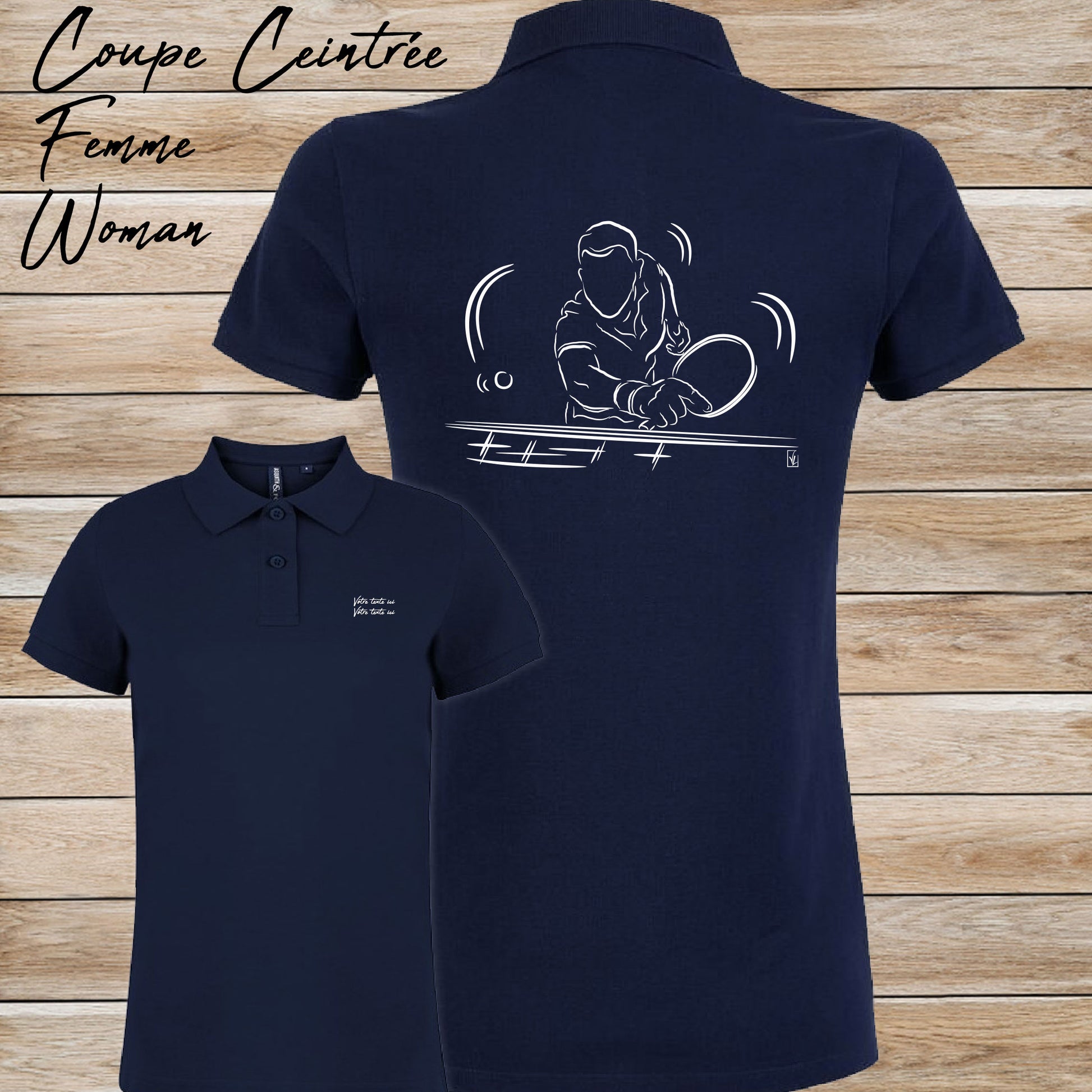Graphisme ping-pong Polo bleu femme. A personnaliser avec un texte. Création Virginie Linard ©.