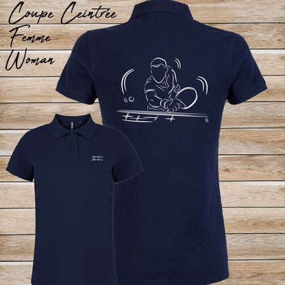 Graphisme ping-pong Polo bleu femme. A personnaliser avec un texte. Création Virginie Linard ©.