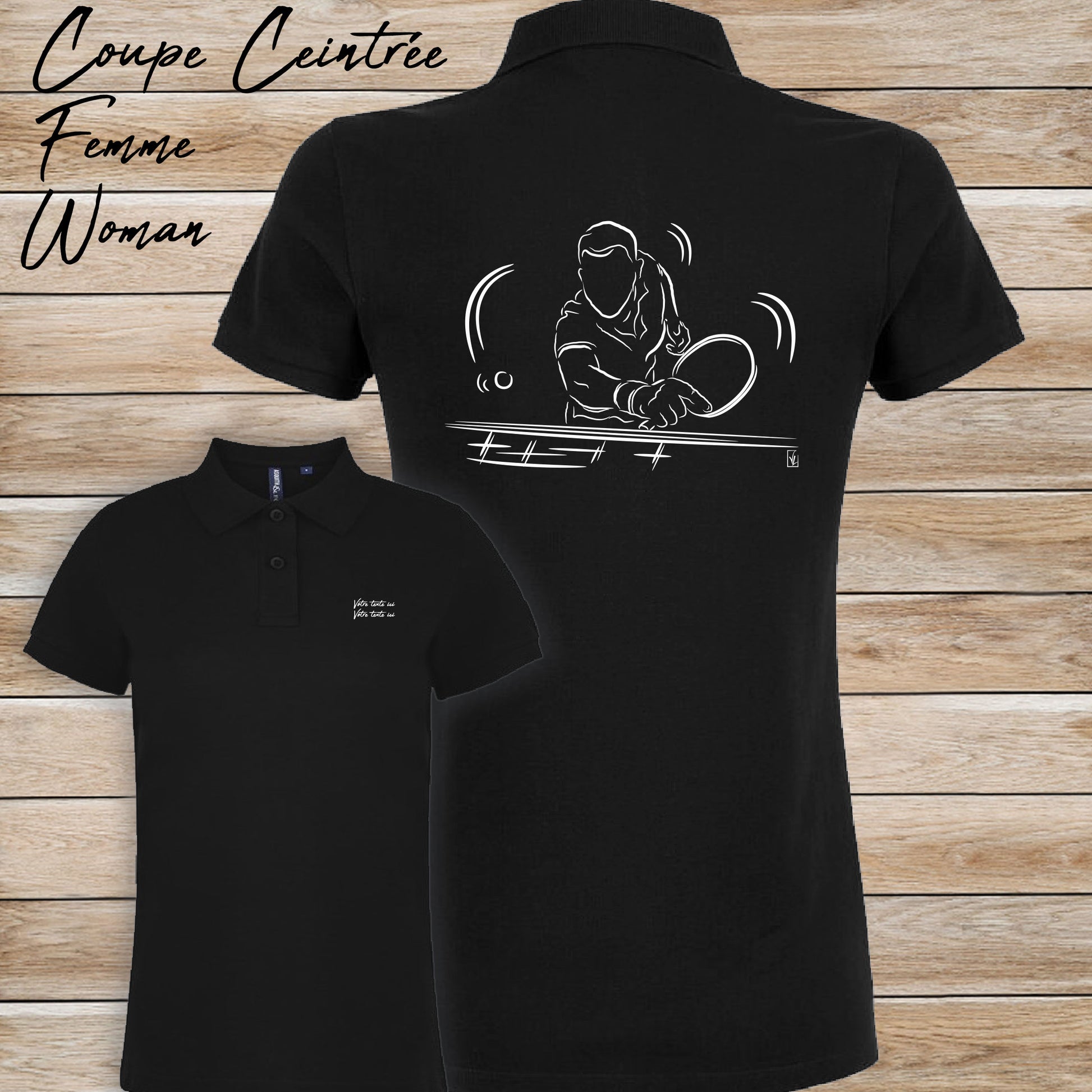 Graphisme ping-pong tennis de table Polo noir femme. A personnaliser avec un texte. Création Virginie Linard ©.