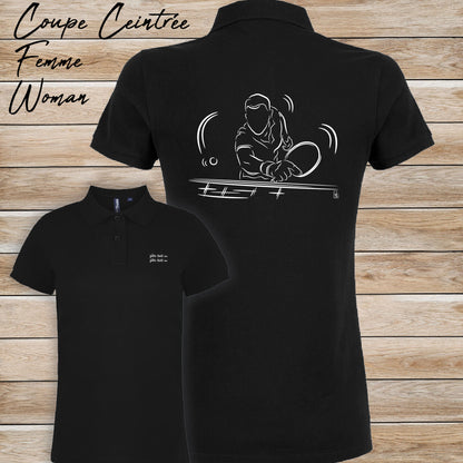 Graphisme ping-pong tennis de table Polo noir femme. A personnaliser avec un texte. Création Virginie Linard ©.