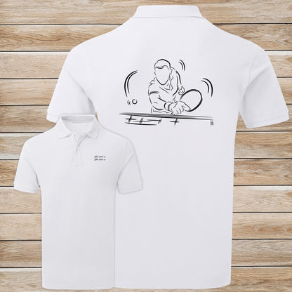 Graphisme ping-pong tennis de table Polo blanc homme. A personnaliser avec un texte. Création Virginie Linard ©.