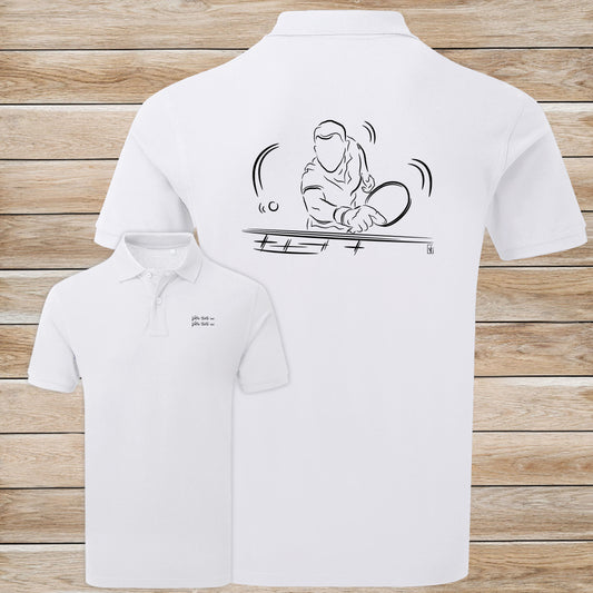Graphisme ping-pong tennis de table Polo blanc homme. A personnaliser avec un texte. Création Virginie Linard ©.
