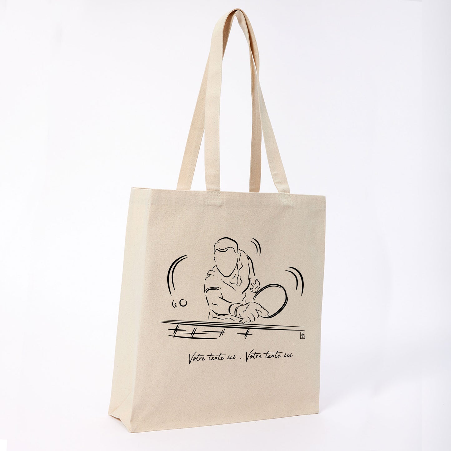 Graphisme ping-pong tennis de table Sac tote bag beige. A personnaliser avec un texte. Création Virginie Linard ©.