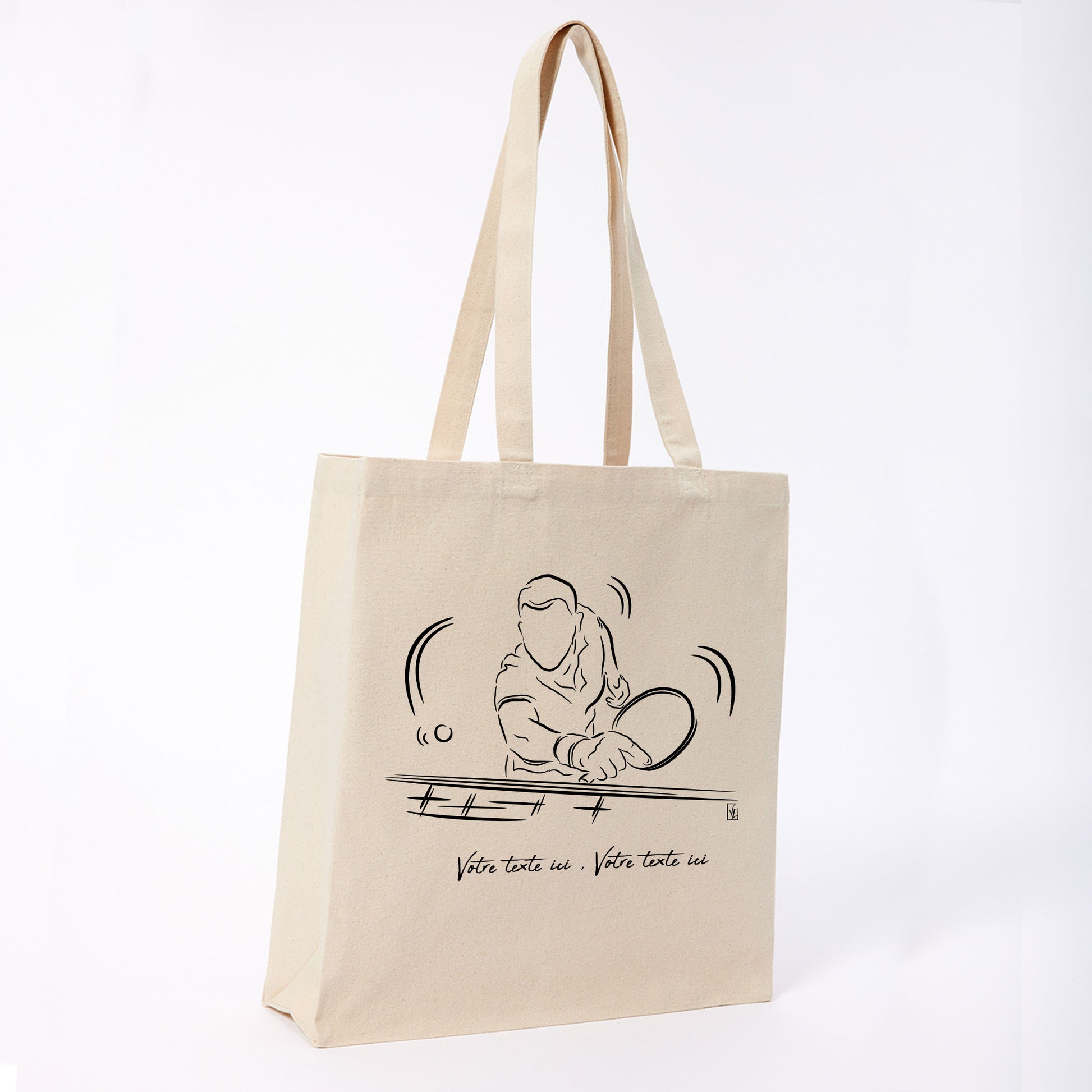 Graphisme ping-pong tennis de table Sac tote bag beige. A personnaliser avec un texte. Création Virginie Linard ©.