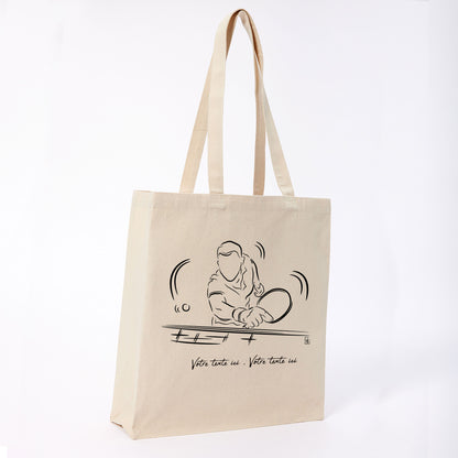 Graphisme ping-pong tennis de table Sac tote bag beige. A personnaliser avec un texte. Création Virginie Linard ©.