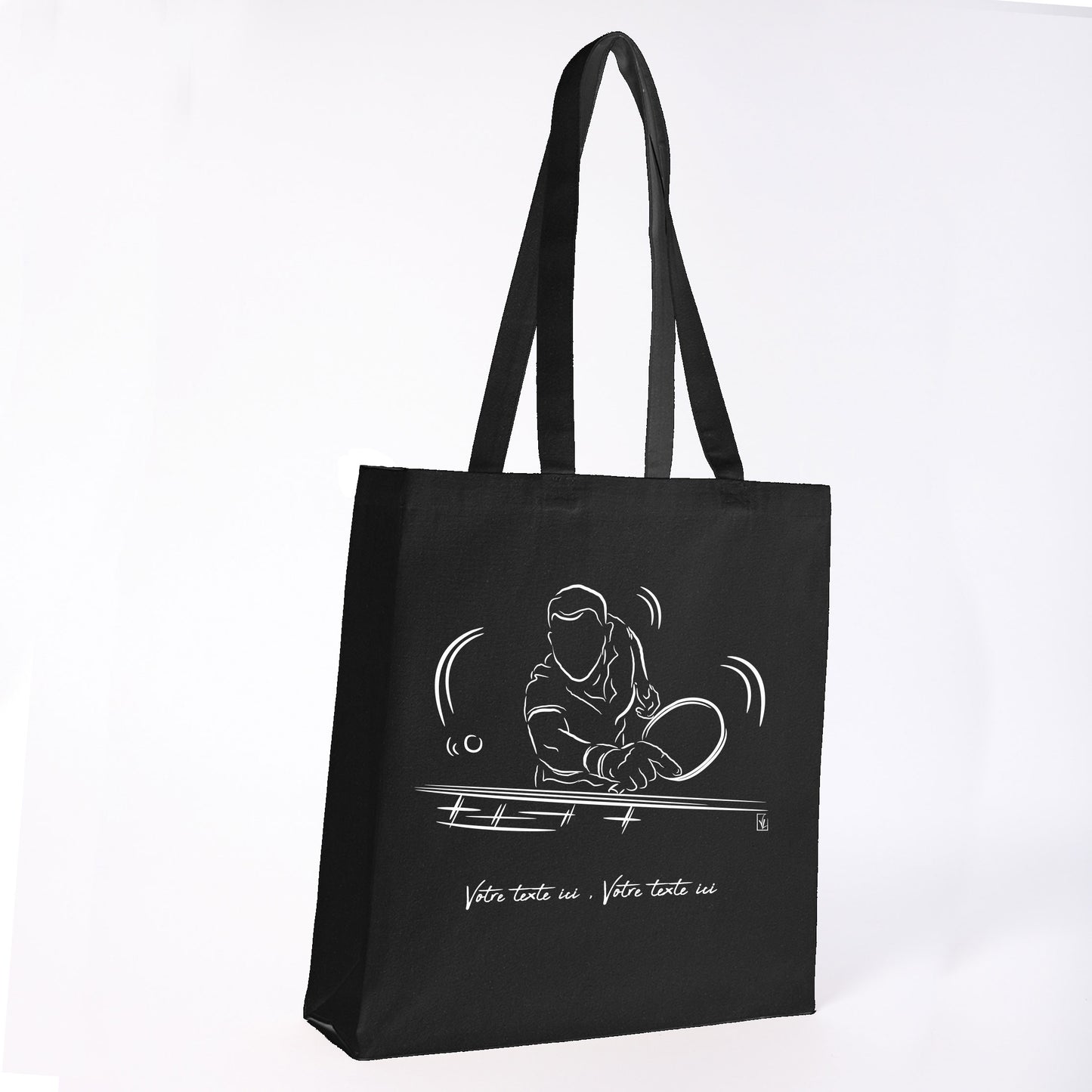 Graphisme ping-pong tennis de table Sac tote bag noir. A personnaliser avec un texte. Création Virginie Linard ©.
