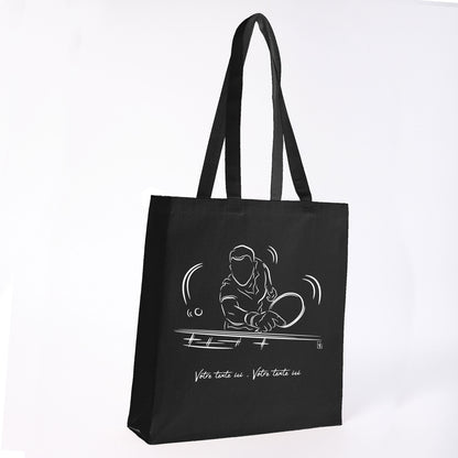 Graphisme ping-pong tennis de table Sac tote bag noir. A personnaliser avec un texte. Création Virginie Linard ©.