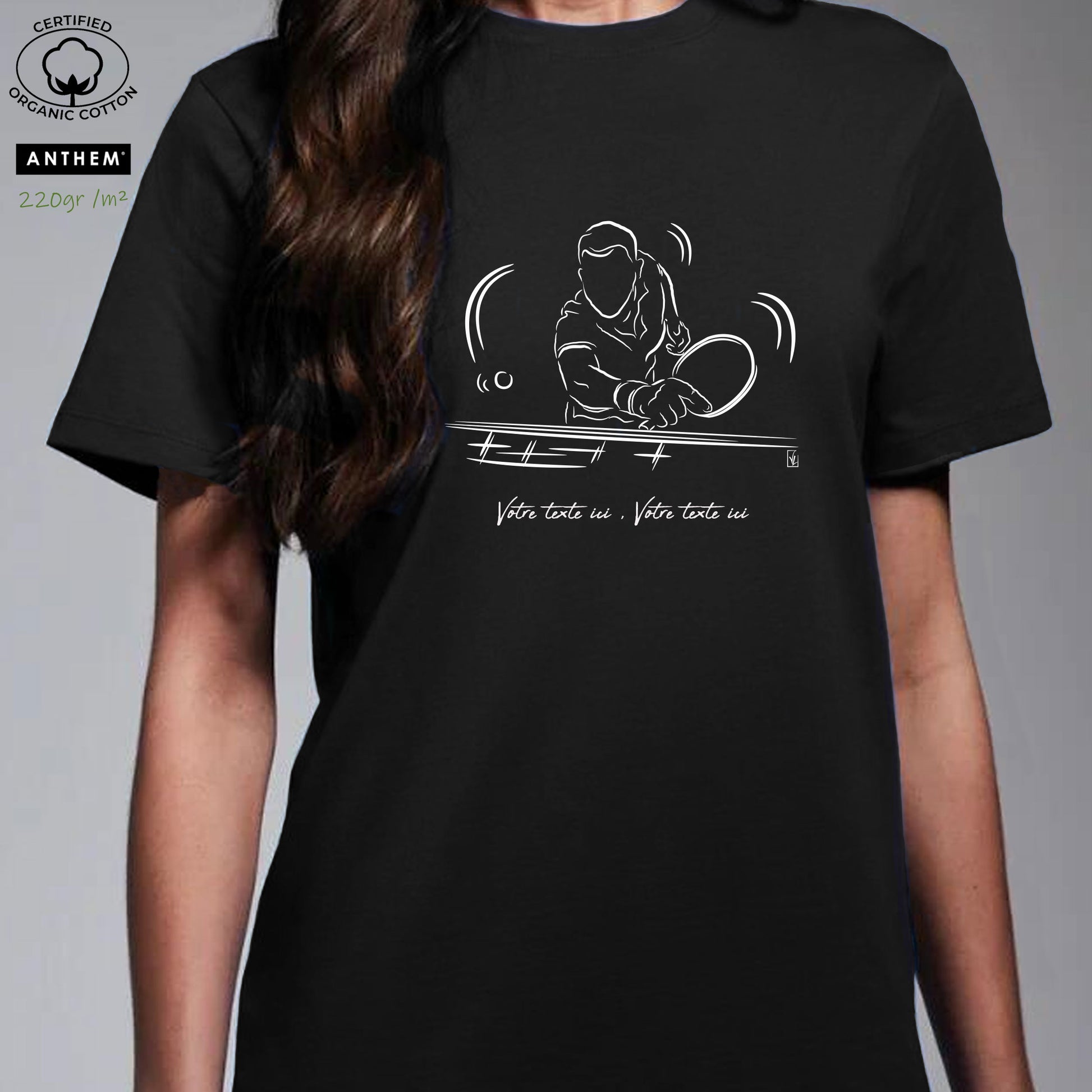 Graphisme ping-pong tennis de table T-shirt 220g bio noir unisexe. A personnaliser avec un texte. Création Virginie Linard ©.