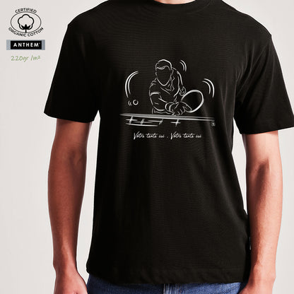 Graphisme ping-pong tennis de table T-shirt 220g bio noir unisexe. A personnaliser avec un texte. Création Virginie Linard ©.