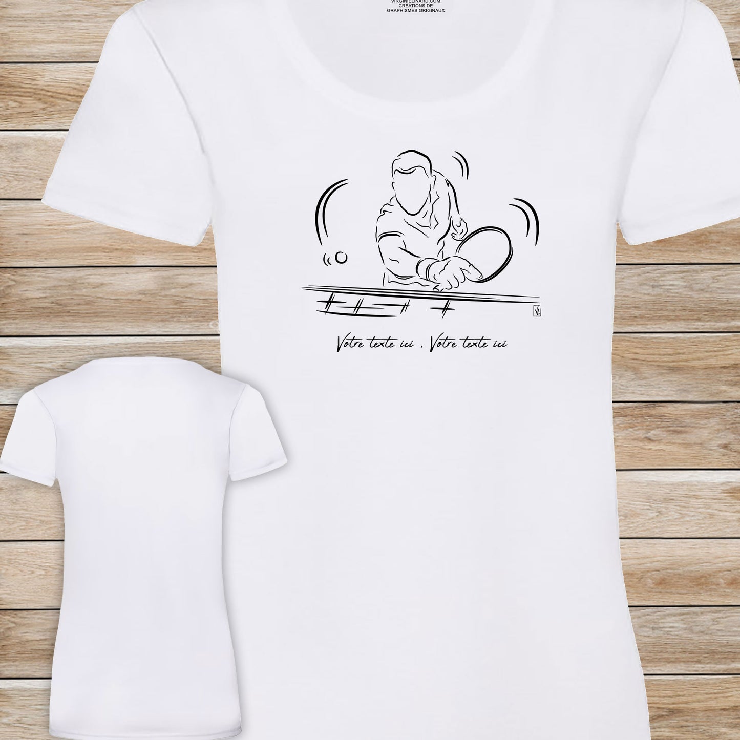 Graphisme ping-pong tennis de table T-shirt blanc femme. A personnaliser avec un texte. Création Virginie Linard ©.