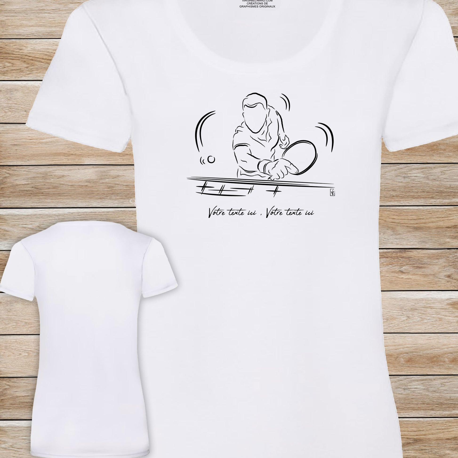 Graphisme ping-pong tennis de table T-shirt blanc femme. A personnaliser avec un texte. Création Virginie Linard ©.
