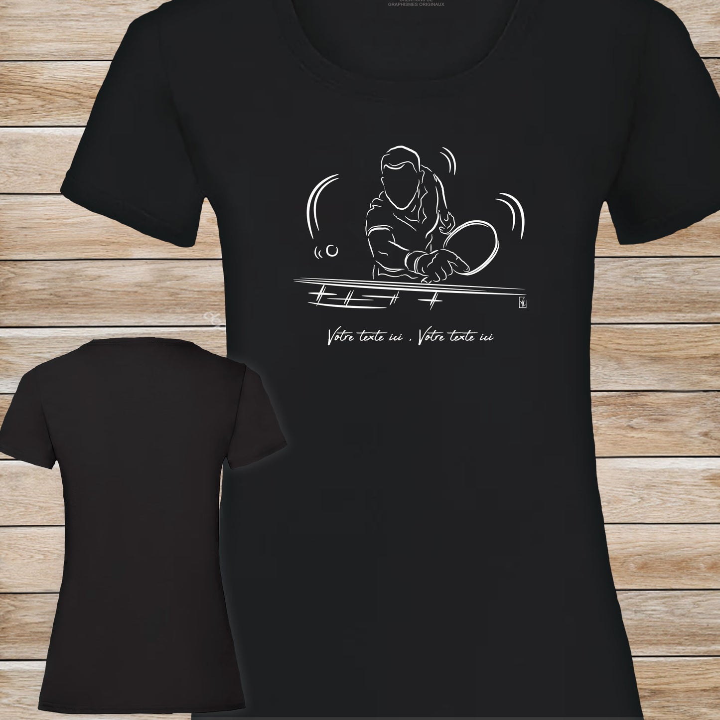 Graphisme ping-pong tennis de table T-shirt noir femme. A personnaliser avec un texte. Création Virginie Linard ©.