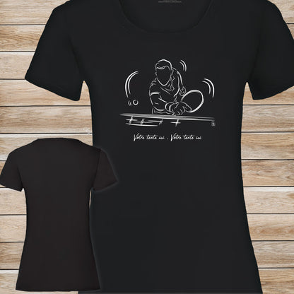 Graphisme ping-pong tennis de table T-shirt noir femme. A personnaliser avec un texte. Création Virginie Linard ©.