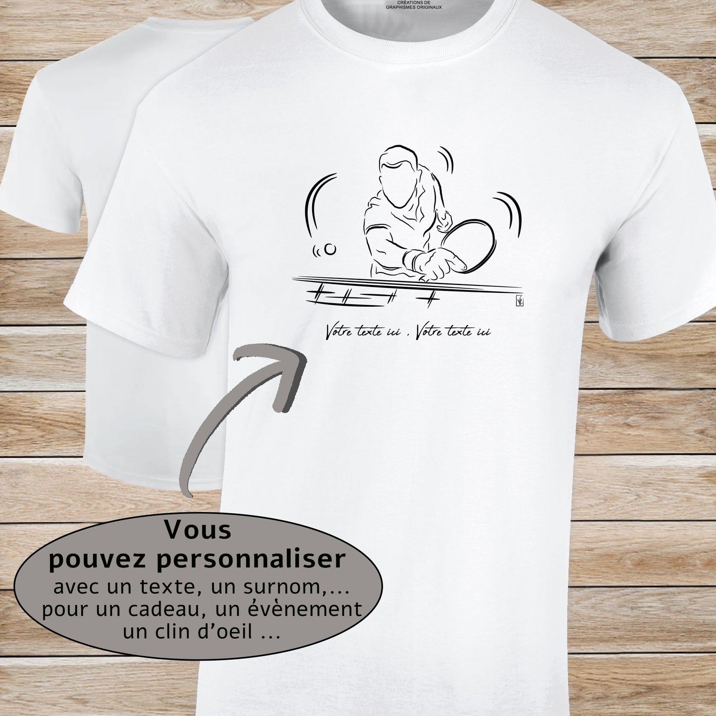 Graphisme ping-pong tennis de table T-shirt blanc homme. A personnaliser avec un texte. Création Virginie Linard ©.