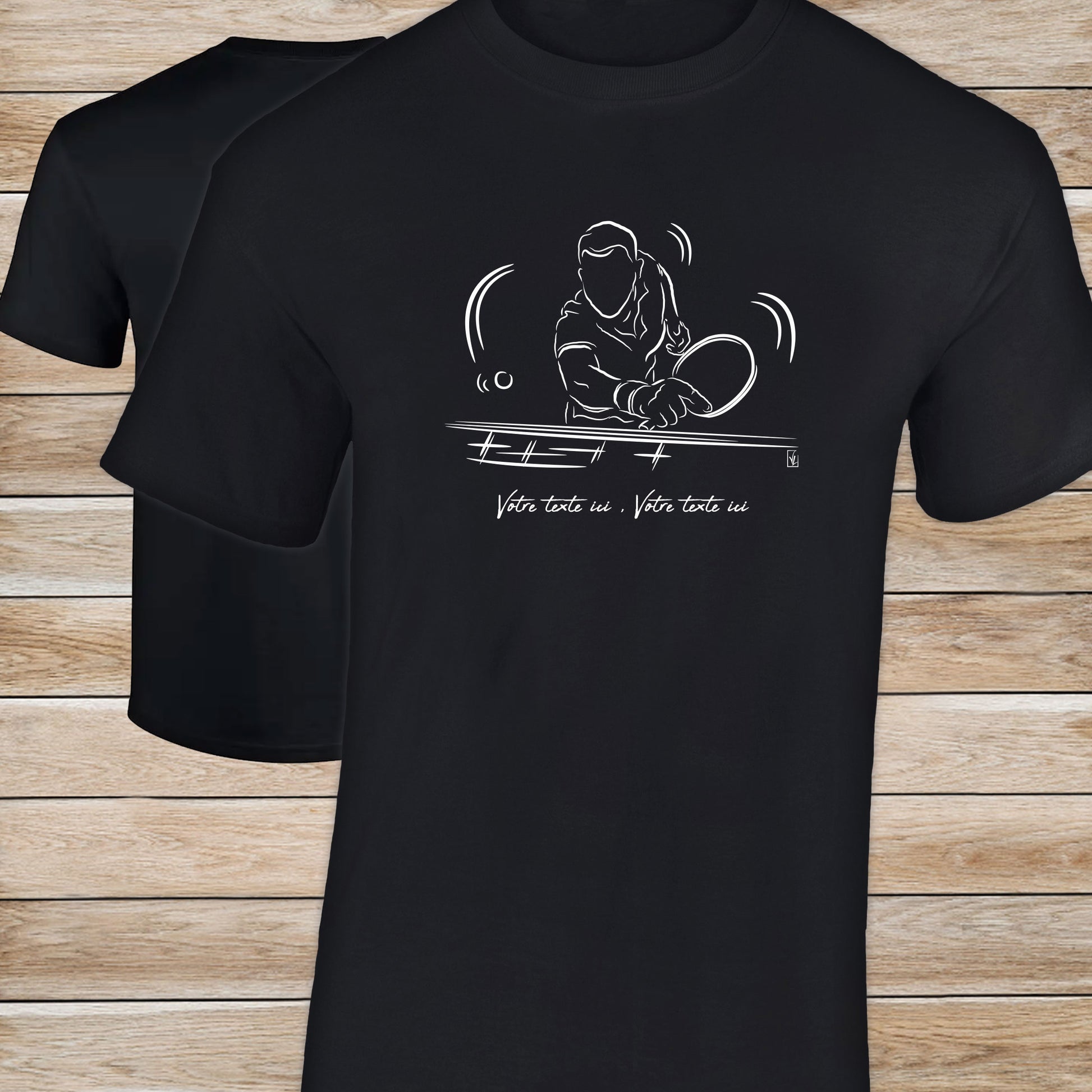 Graphisme ping-pong tennis de table T-shirt noir homme. A personnaliser avec un texte. Création Virginie Linard ©.