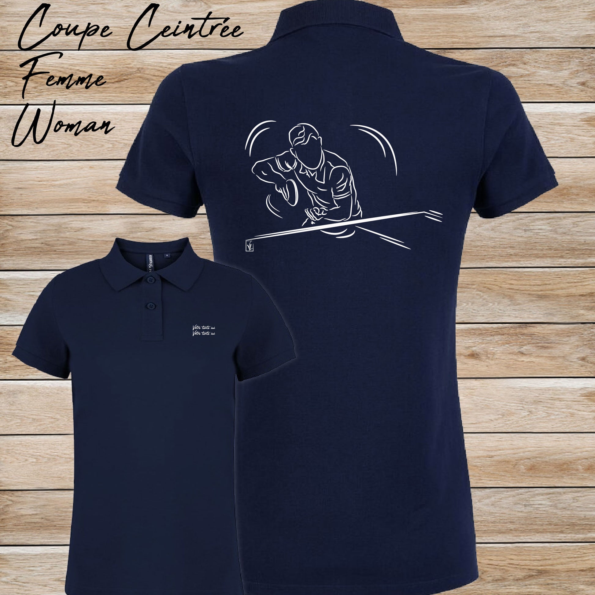 Graphisme ping-pong tennis de table Polo bleu femme. A personnaliser avec un texte. Création Virginie Linard ©.