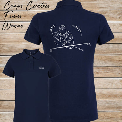 Graphisme ping-pong tennis de table Polo bleu femme. A personnaliser avec un texte. Création Virginie Linard ©.