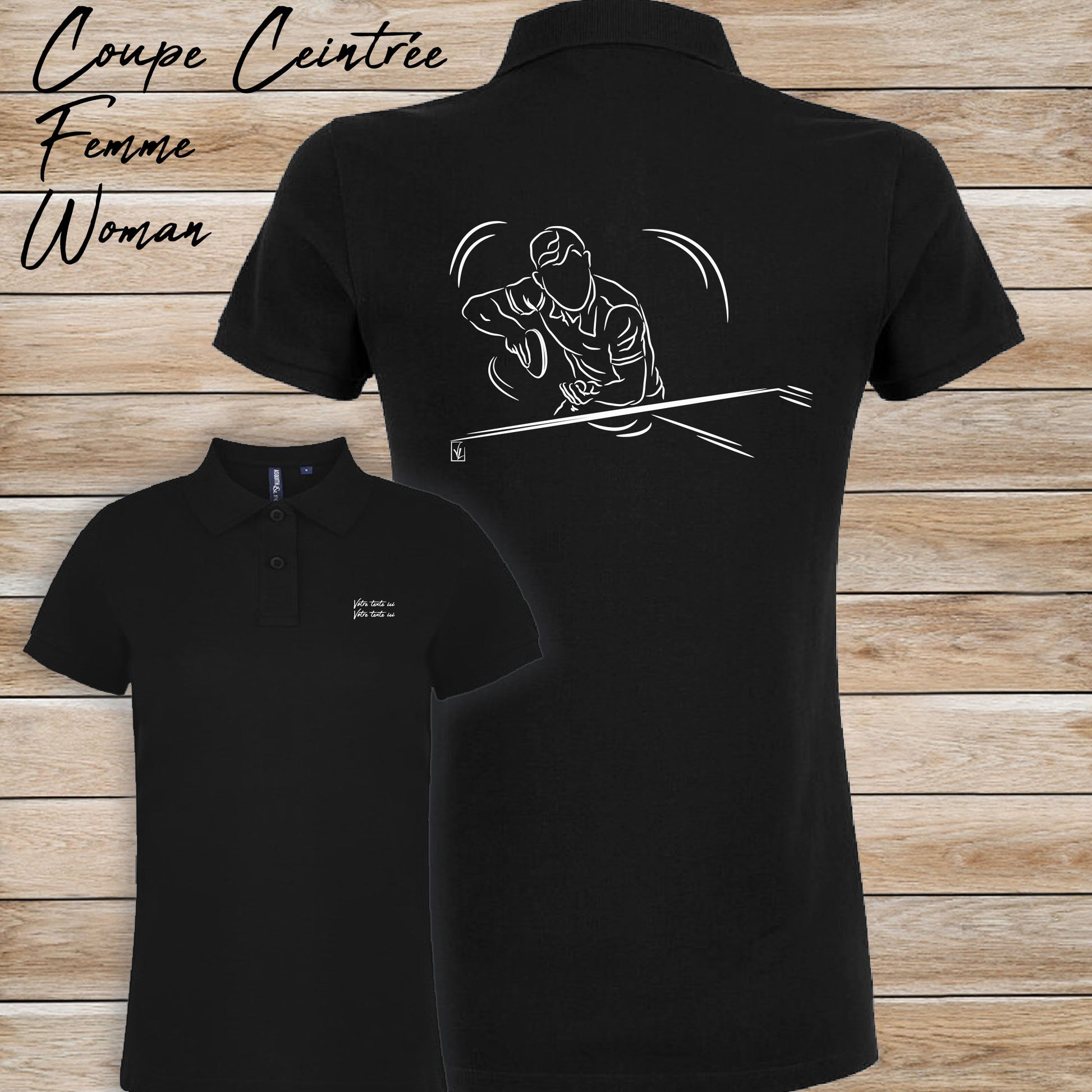 Graphisme ping-pong tennis de table Polo noir femme. A personnaliser avec un texte. Création Virginie Linard ©.