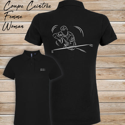 Graphisme ping-pong tennis de table Polo noir femme. A personnaliser avec un texte. Création Virginie Linard ©.