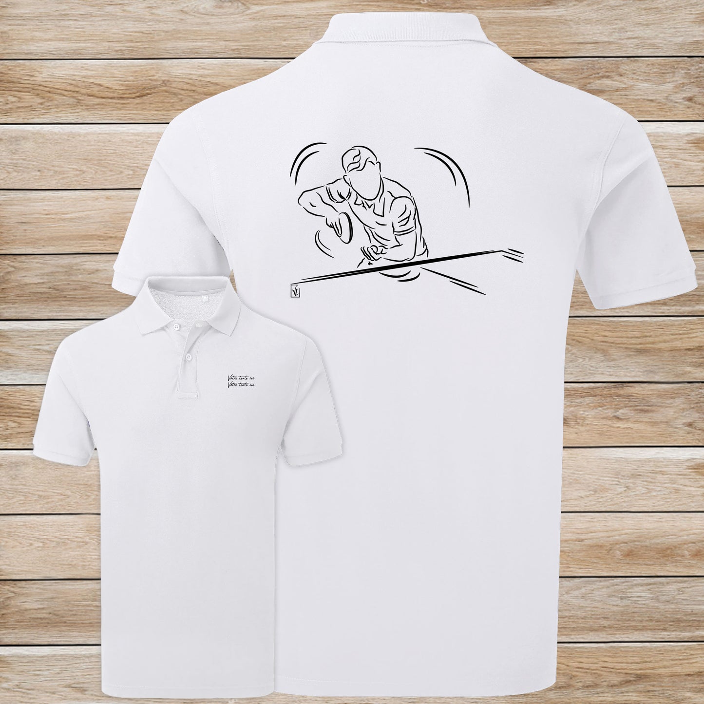 Graphisme ping-pong tennis de table Polo blanc homme. A personnaliser avec un texte. Création Virginie Linard ©.