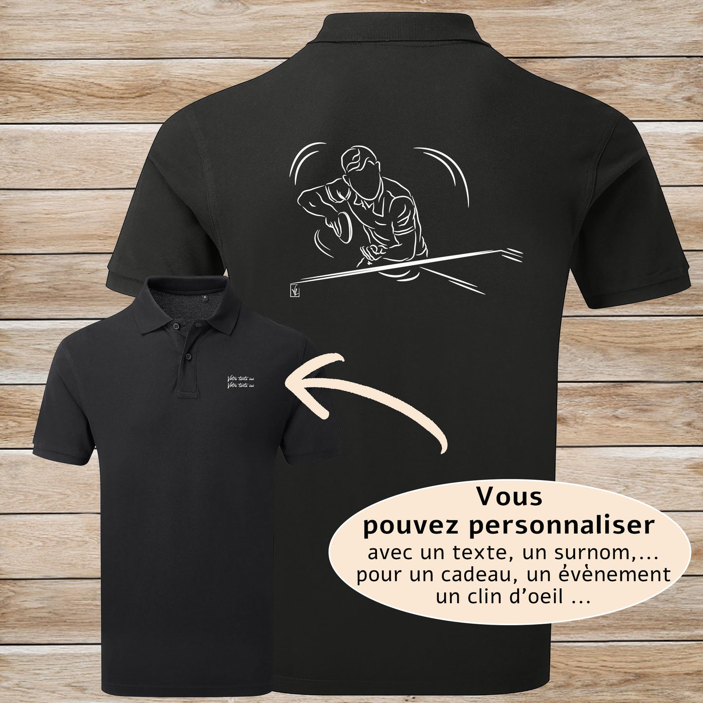 Graphisme ping-pong tennis de table Polo noir homme. A personnaliser avec un texte. Création Virginie Linard ©.